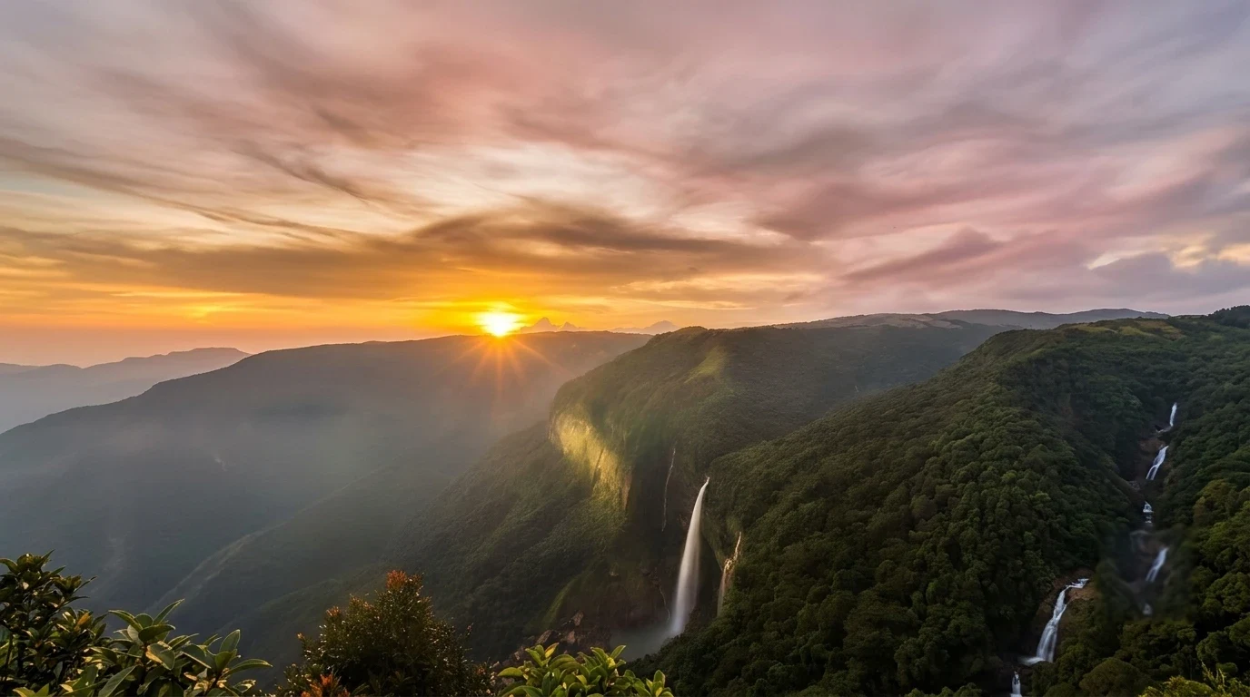 Sunset over the Khasi Hills and Nohkalikai Falls, Meghalaya