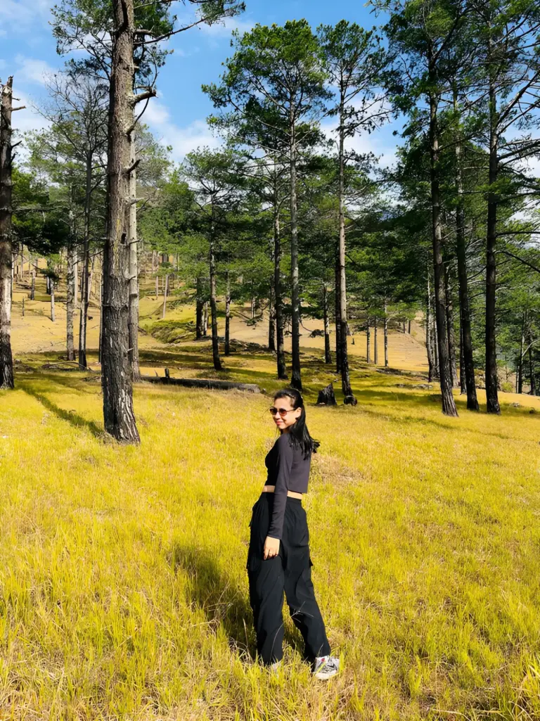 A girl standing in a sunny meadow surrounded by tall trees at Dong Valley
