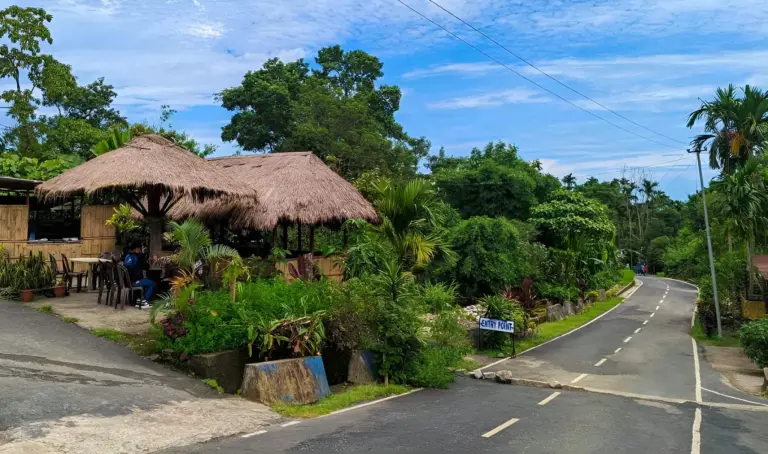 A scenic view of a roadside cafe with thatched roofs and lush greenery in Mawlynnong, Meghalaya