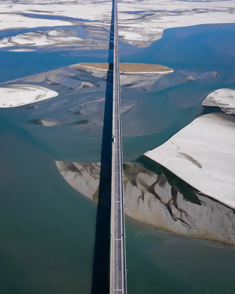 Aerial view of Bogibeel Bridge over the Brahmaputra River