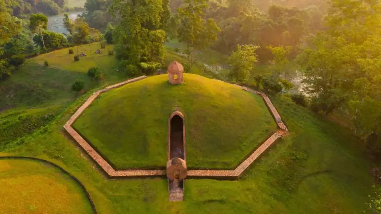 Aerial view of Charaideo Maidams surrounded by greenery