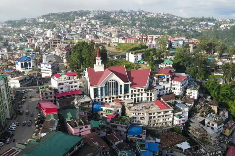 Aerial view of Mary Help of Christians Cathedral in Kohima city
