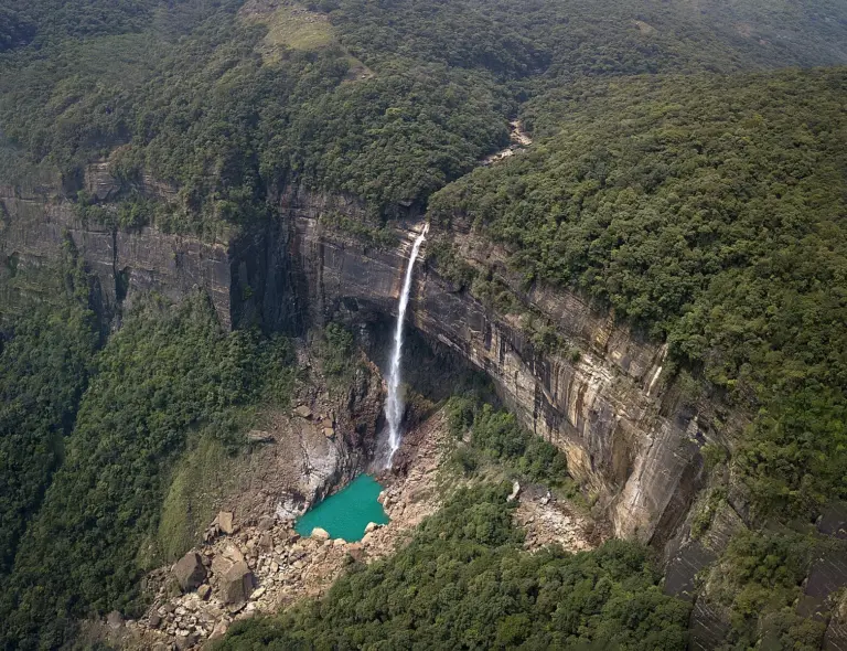 Aerial view of Nohkalikai Waterfall in Meghalaya