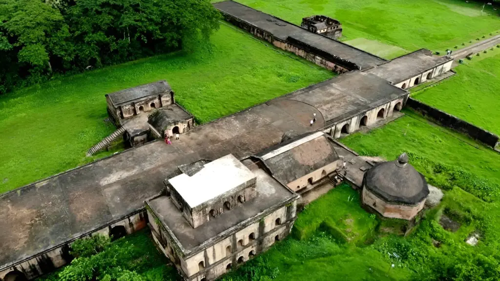 Aerial view of Talatal Ghar, a historic monument in Assam