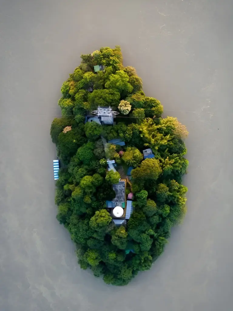 Aerial view of Umananda Temple on a lush green island in Assam