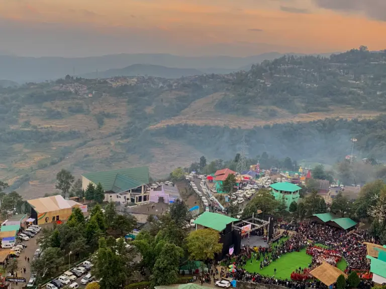 Aerial view of the Hornbill Festival crowd at Kisama Heritage Village, Nagaland