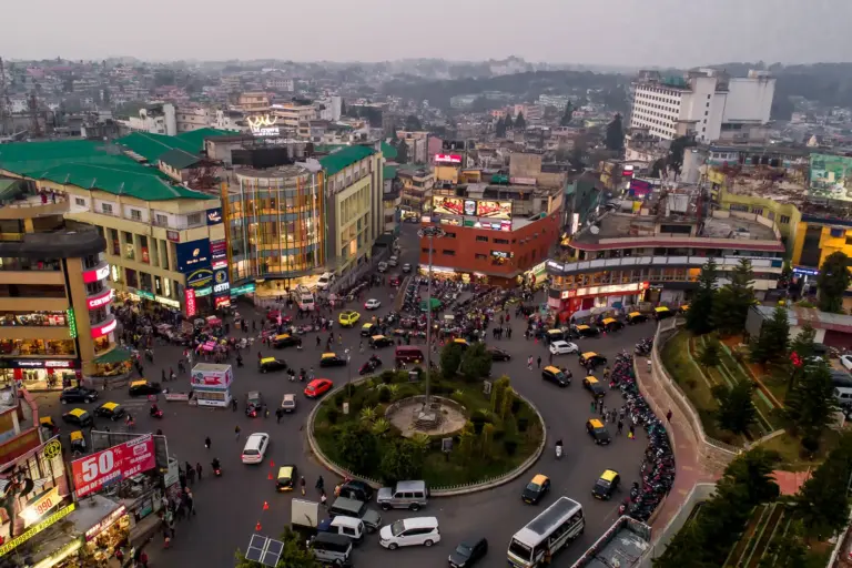 Aerial view of the busy roundabout at Police Bazar, Shillong, Meghalaya during evening hours