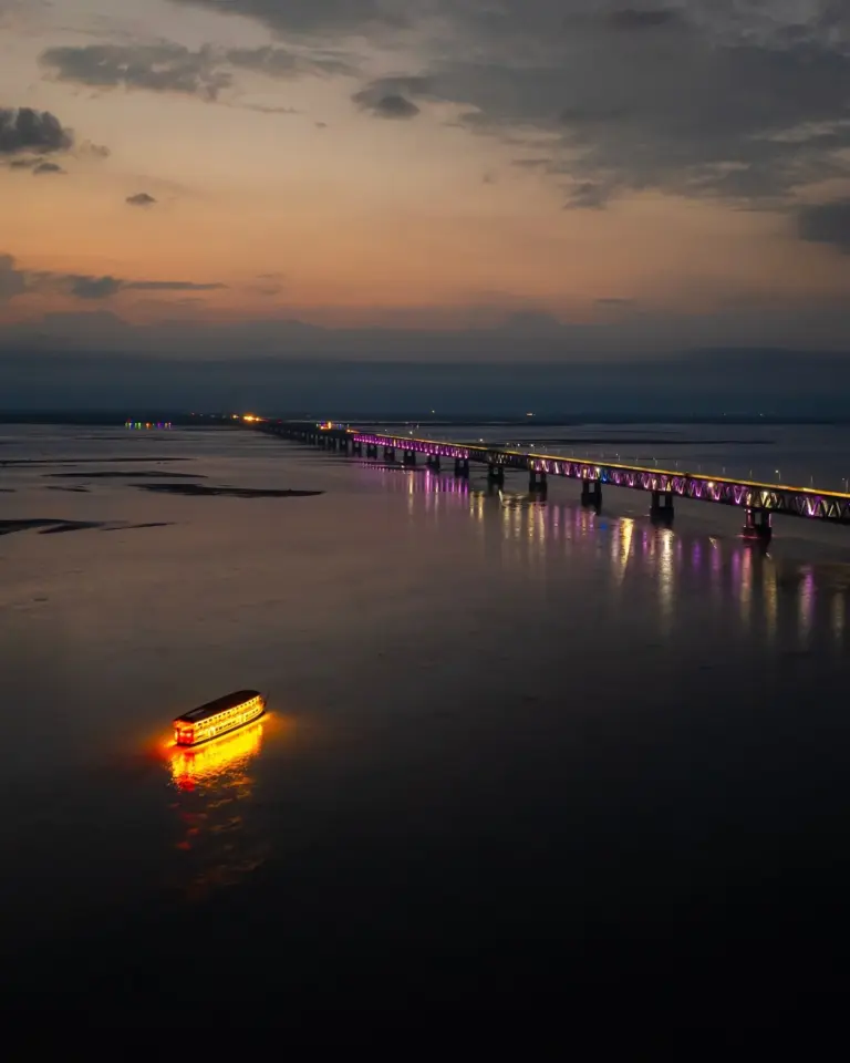 Bogibeel Bridge and cruise at dusk in Assam