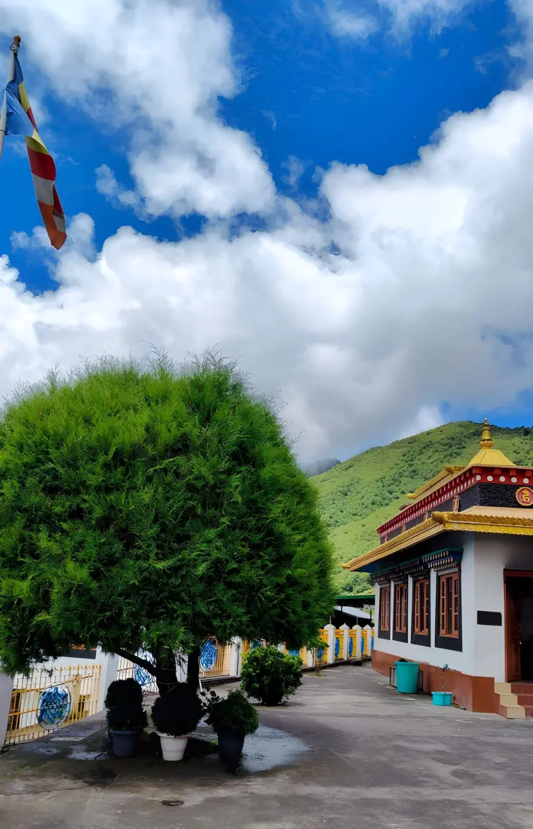 Buddhist monastery with golden roof and green hills in the background at Sangti Valley