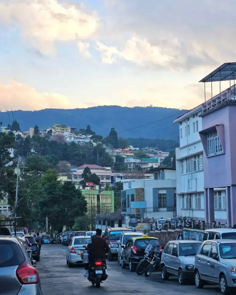 Busy street with hillside buildings in Police Bazar, Shillong, Meghalaya