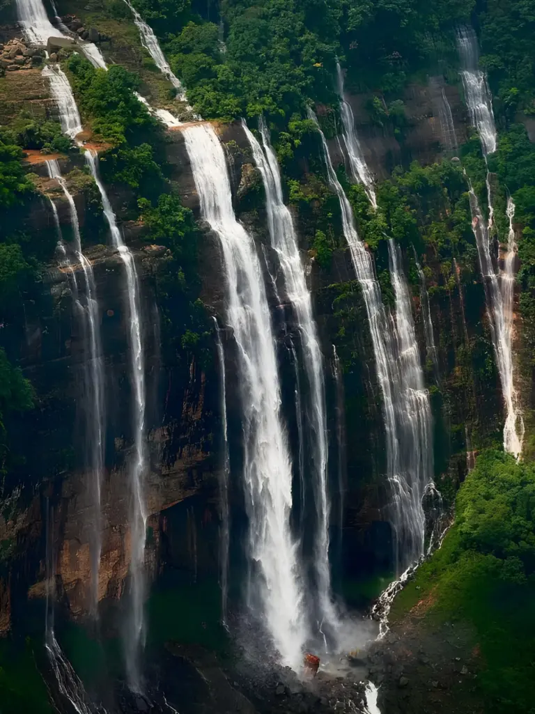 Cascading streams at Seven Sisters Waterfalls in Meghalaya