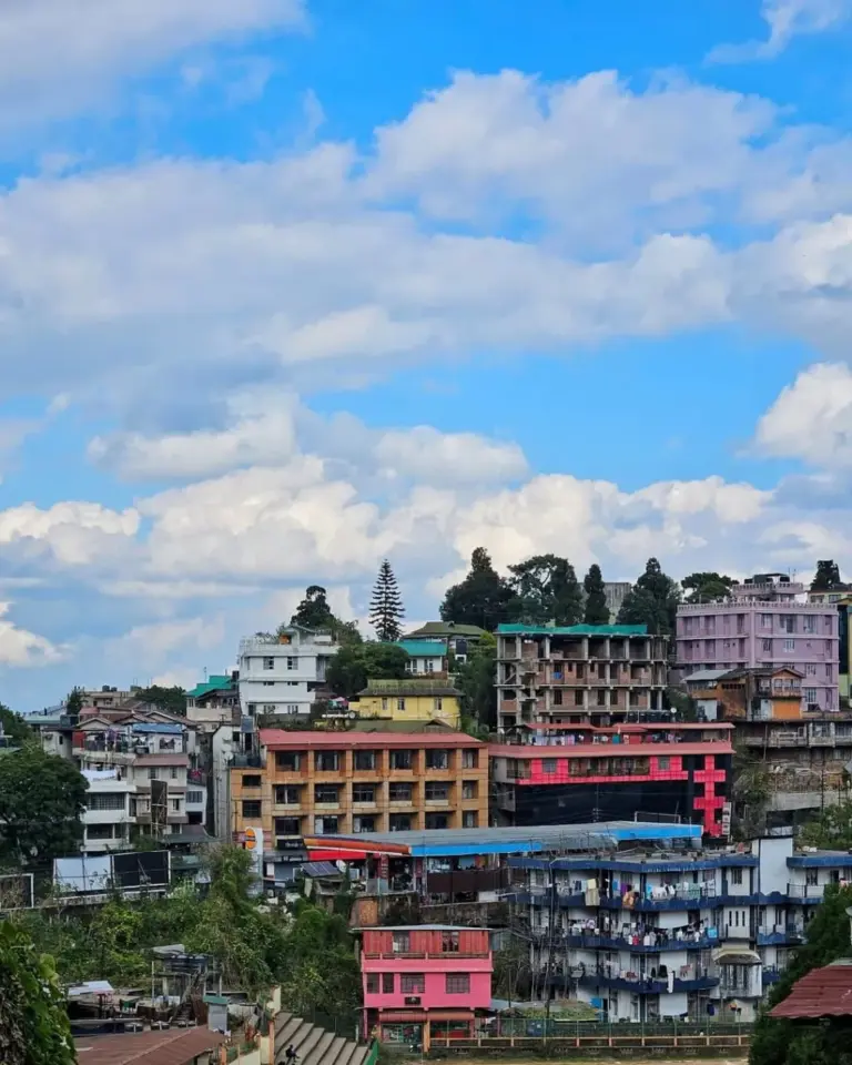 Colorful buildings under a bright blue sky in Police Bazar, Shillong, Meghalaya