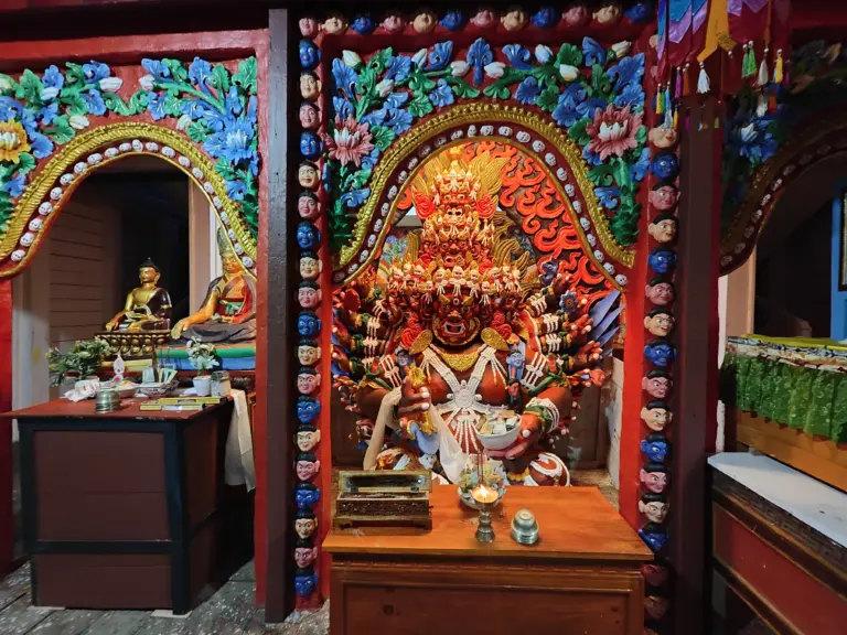 Colorful deity idol inside a monastery at Mechuka, Arunachal Pradesh