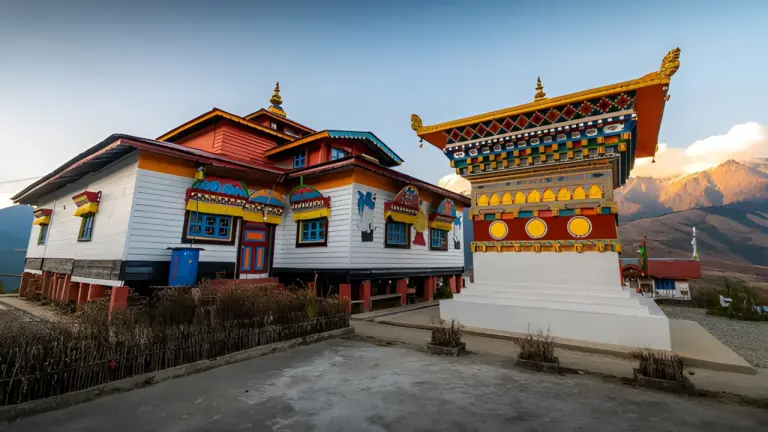 Colorful monastery building and stupa in Mechuka, Arunachal Pradesh