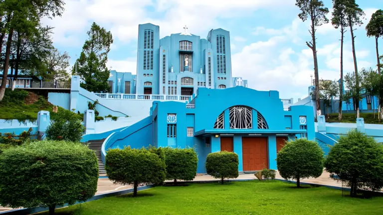 Distant view of the blue Cathedral Chruch in Shillong,