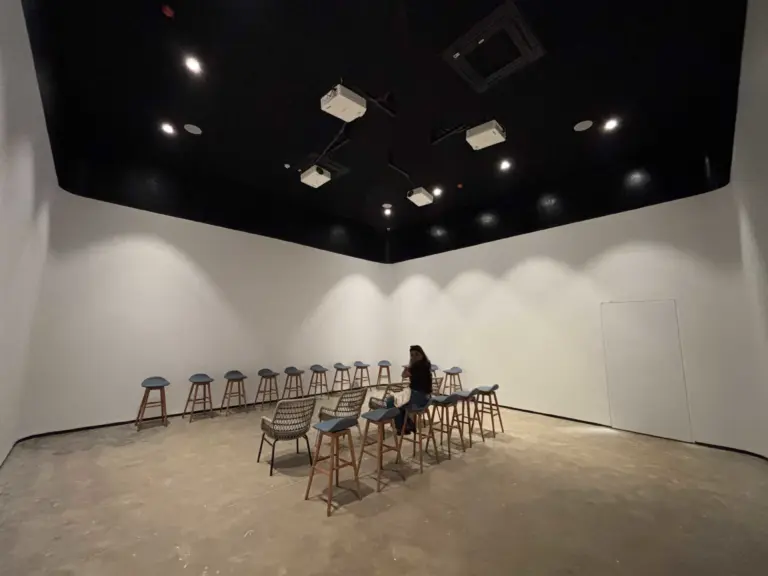 Interactive tea experience room with stools and projectors at a tea garden in Guwahati