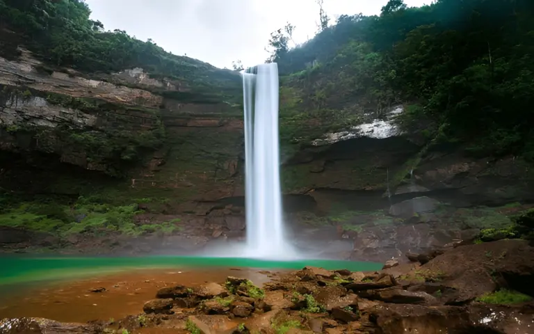 Majestic Phe Phe Falls flowing into a serene green pool, surrounded by rocky cliffs and lush greenery in Meghalaya