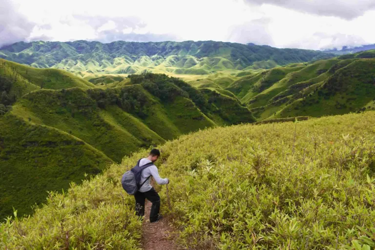 Man trekking down a narrow trail in Dzukou Valley