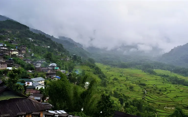 Misty morning view of Khonoma Village with green terraced fields and forested hills