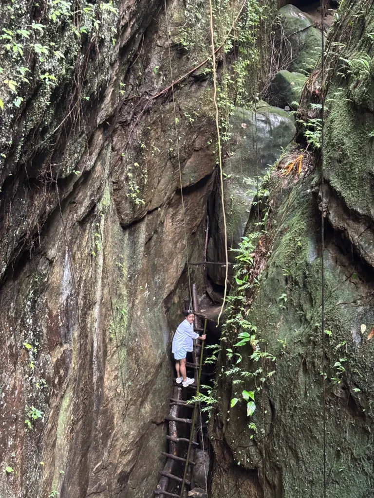 Person climbing a bamboo ladder between rocky cliffs at Mawlyngbna Meghalaya