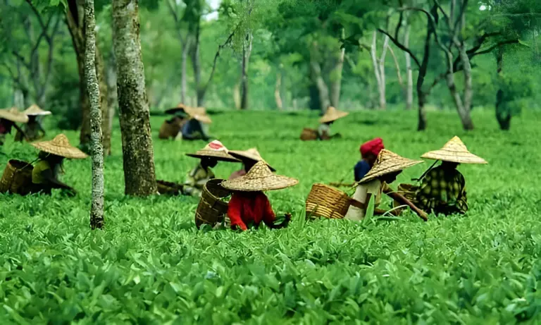 Tea garden workers plucking leaves in Dibrugarh, Assam