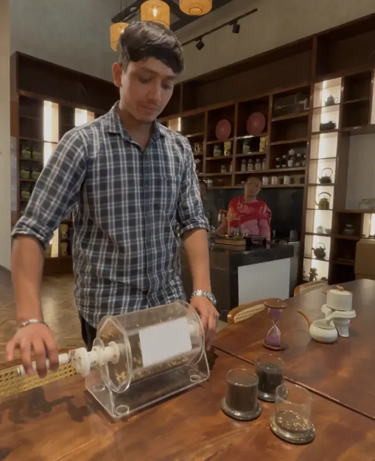 Tea guide demonstrating tea leaves during a tasting session at a tea garden in Guwahati