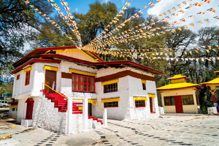 Urgelling Gompa with prayer flags in Tawang, Arunachal Pradesh