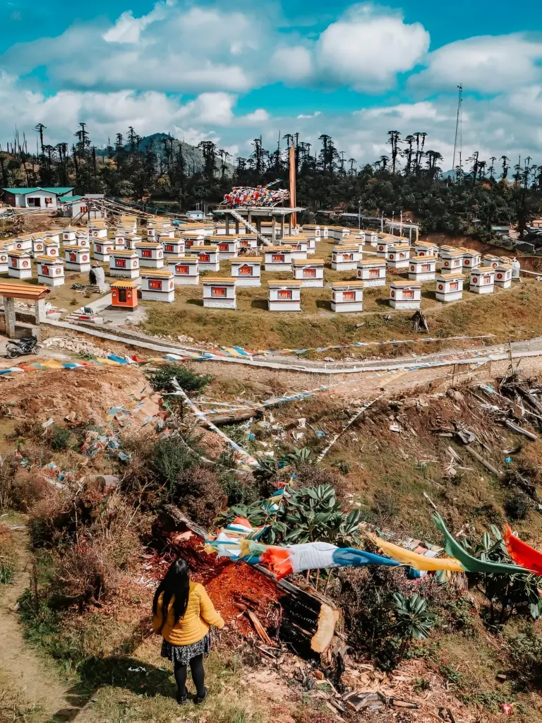 Woman overlooking Mandala Top's 108 stupas under a bright sky