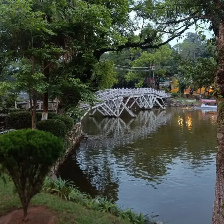 Wooden bridge over a serene pond at Wah Rilang View Point, Meghalaya