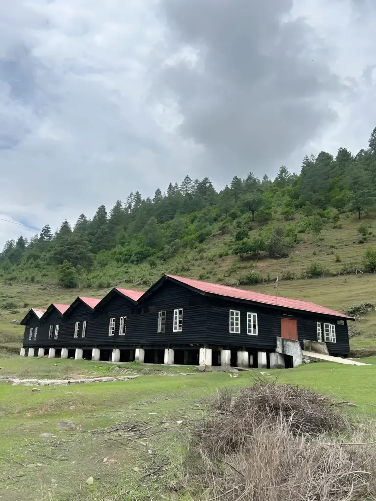 Wooden cottages with red roofs in Sangti Valley, Arunachal Pradesh, surrounded by green hills