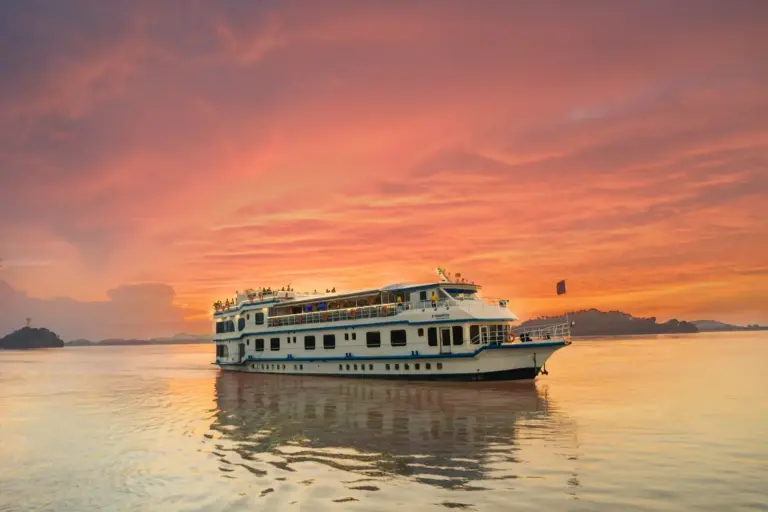 Alfresco Grand cruise vessel at sunset on the Brahmaputra River, Guwahati