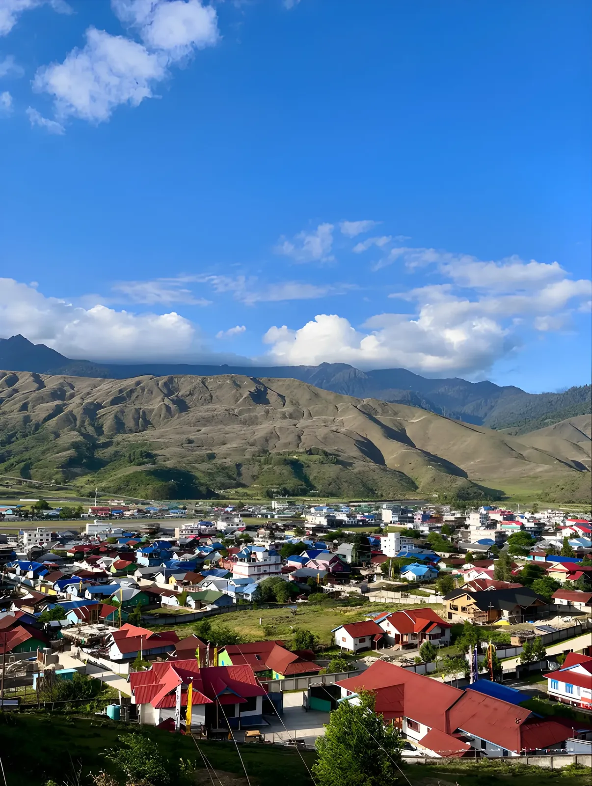 Panoramic view of colorful Mechuka town surrounded by mountains