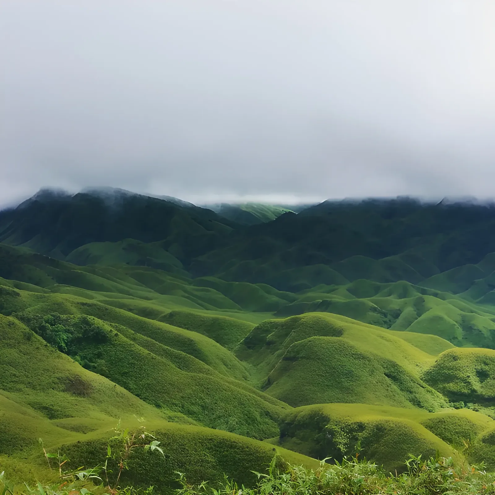 Rolling green hills of Dzukou Valley beneath low-hanging clouds, creating a serene and misty mountain landscape