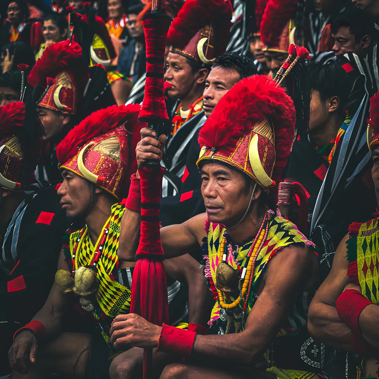 Traditional Naga warriors in vibrant ceremonial attire with red feathered headgear gathered during Hornbil festival in