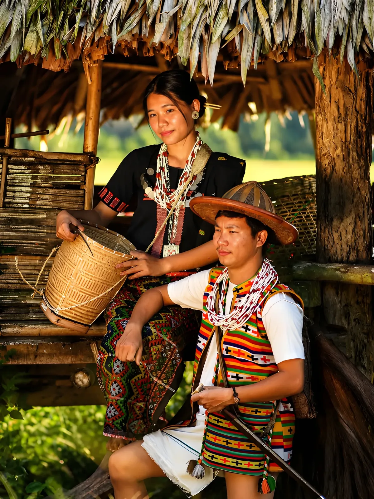 Two Idu Mishmi people in traditional attire posing outside a thatched bamboo hut